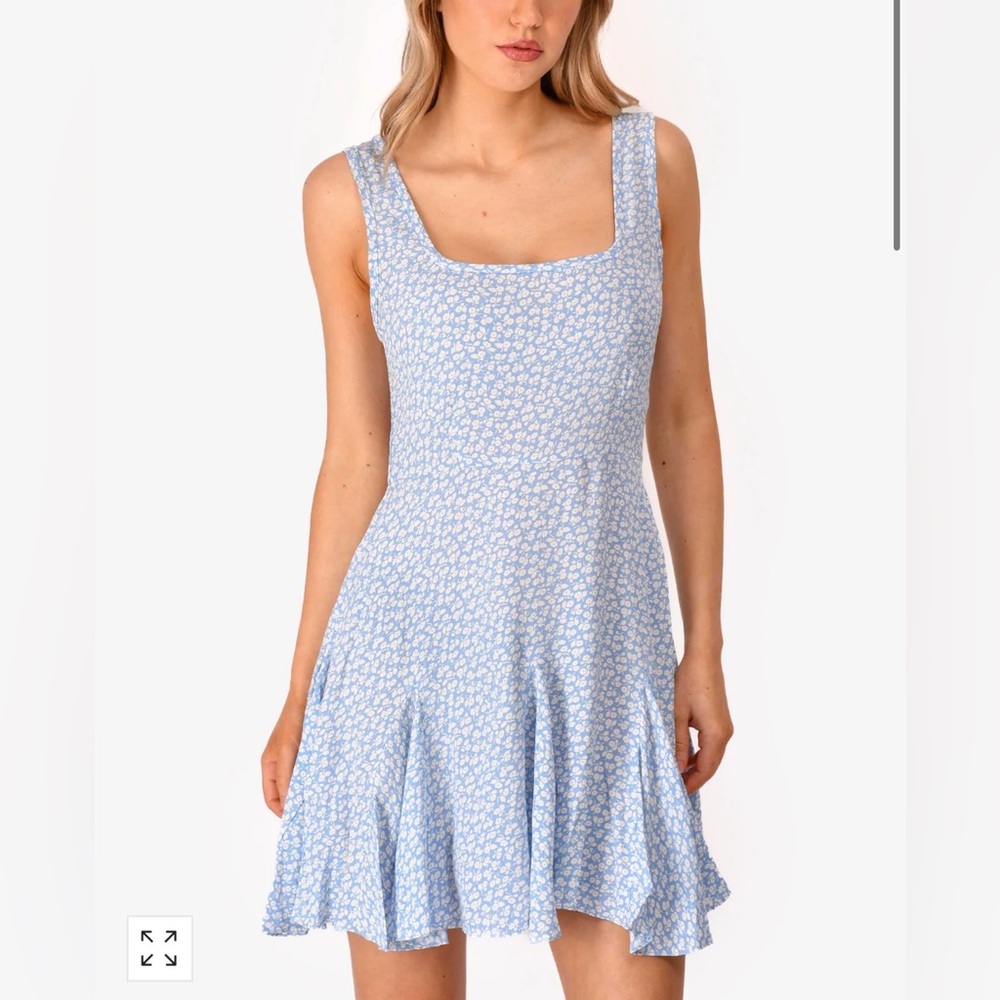 Doen Light Blue Floral Square-Neck Mini Dress